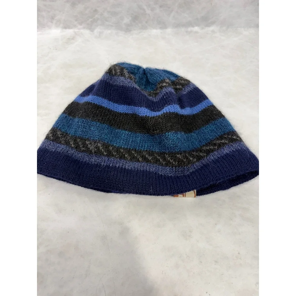 Turtle Fur Alpaca Wool Beanie Striped Fleece Lined Blue Grey Skull Cap Adult